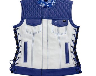 Womens White & Blue Leather Motorcycle Vest: Club Style Biker Riding Gear