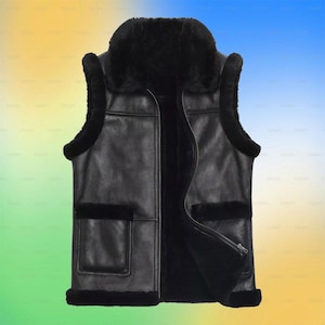 Mens Shearling Sheepskin Leather Vest | RAF Black Sleeveless Fur Vest | Real Shearling Biker Waistcoat
