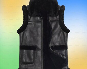 Mens Shearling Sheepskin Vest: Black Leather Biker Waistcoat