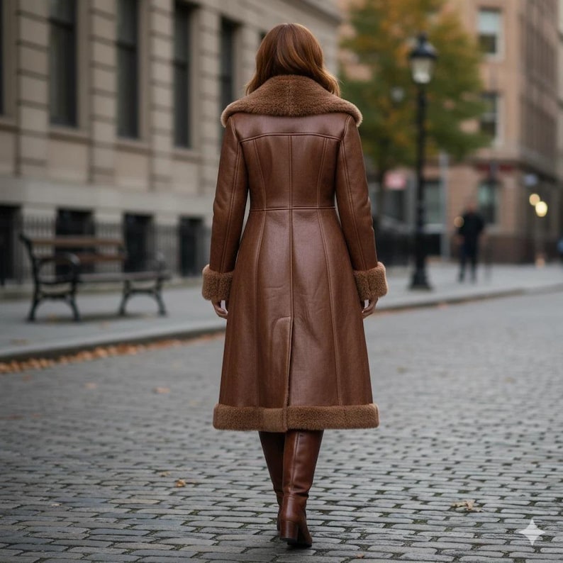 Peut inclure: Un long manteau en cuir marron avec un col, des poignets et un ourlet en fausse fourrure. Le manteau arrive au genou et a une coupe ajust&eacute;e. La personne s'&eacute;loigne sur une rue pav&eacute;e.