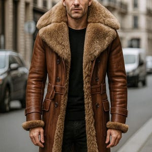 May include: A brown leather coat with a fur collar and trim. The double-breasted coat has a belt and pockets. The person in the image is wearing a black shirt and dark jeans. The coat is a classic style.
