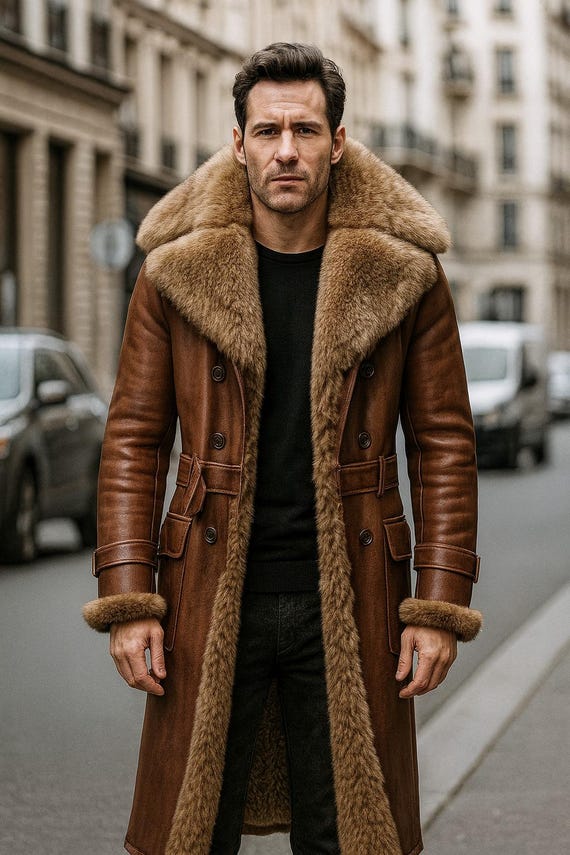 Vintage 70s Shearling Fur Aviator Coat | Handmade Sheepskin Leather Coat | Long Winter Overcoat