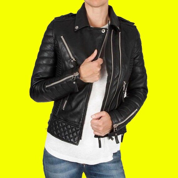 Schwarze gesteppte Bikerjacke für Damen Motorrad-Lederjacke im