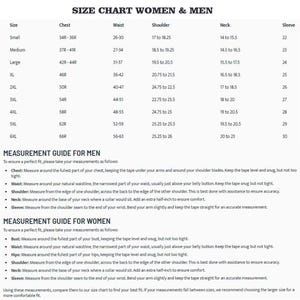 May include: A size chart for women and men, with measurements for chest, waist, shoulder, neck, and sleeve. Includes a measurement guide for men and women, detailing how to measure bust, waist, hips, shoulder, neck, and sleeve for accurate sizing.