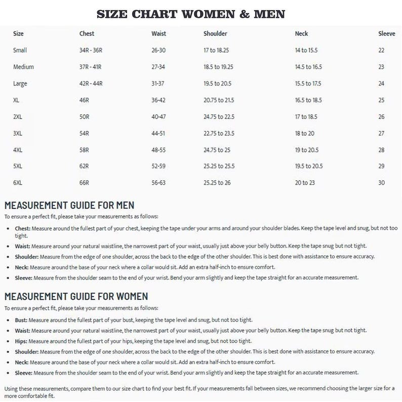May include: A size chart for women and men, with measurements for chest, waist, shoulder, neck, and sleeve. Includes a measurement guide for men and women, detailing how to measure bust, waist, hips, shoulder, neck, and sleeve for accurate sizing.