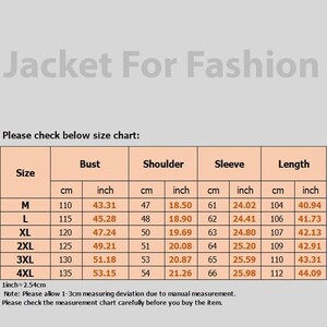 May include: Size chart for a jacket, with measurements in inches and centimeters. Includes bust, shoulder, sleeve, and length measurements for sizes M through 4XL. The text "Jacket For Fashion" is at the top.