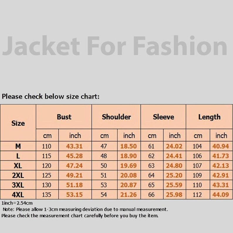 May include: Size chart for a jacket, with measurements in inches and centimeters. Includes bust, shoulder, sleeve, and length measurements for sizes M through 4XL. The text "Jacket For Fashion" is at the top.
