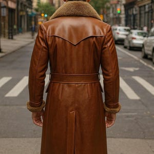 May include: A brown leather coat with a fur collar and cuffs. The coat has a belt at the waist and a split in the back. The person is standing on a crosswalk in a city street.