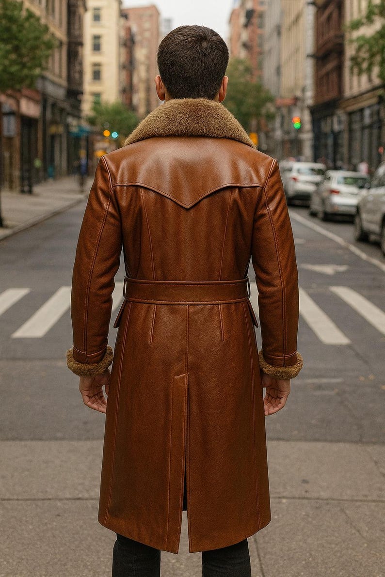 May include: A brown leather coat with a fur collar and cuffs. The coat has a belt at the waist and a split in the back. The person is standing on a crosswalk in a city street.