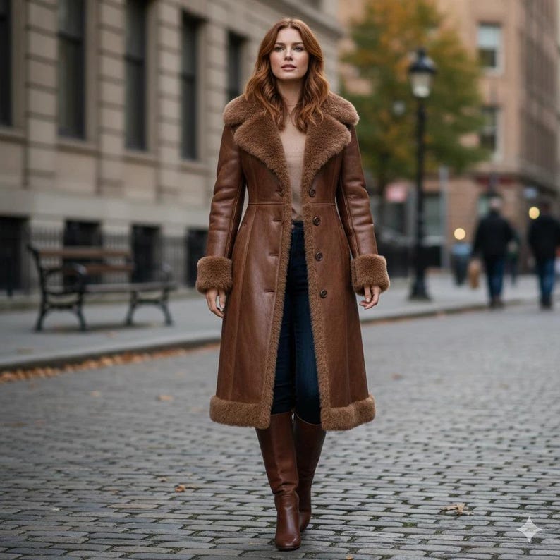Peut inclure: Long manteau en cuir marron avec col, poignets et ourlet en peau de mouton. Le manteau a une fermeture boutonn&eacute;e et est port&eacute; avec des bottes marron. La femme marche sur une rue pav&eacute;e.