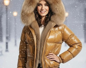 Lambskin Leather Puffer Jacket | Fox Fur Hood, Removable Collar