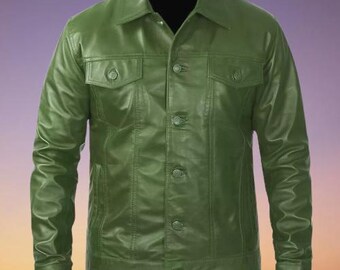 Men's Lambskin Leather Trucker Jacket: Green Western Cowboy Style