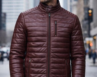 Chaqueta acolchada de piel de cordero hecha a mano / Chaqueta bomber de cuero acolchado para hombre