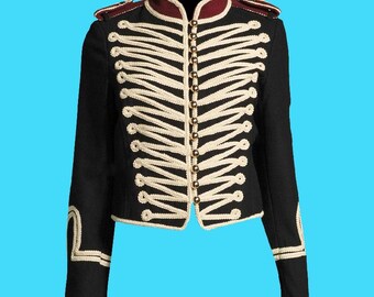Mens Military Hussar Jacket Black Parade Band Costume Twill Marching Coat