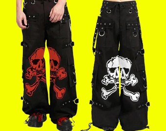 Skull Print Wide Leg Cotton Pants: Gothic Punk Streetwear