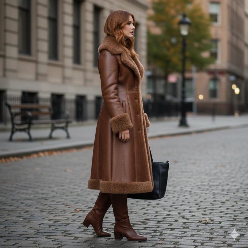 Peut inclure: Un long manteau en cuir marron avec un col et des poignets en peau de mouton. Le manteau est boutonn&eacute; et port&eacute; avec des bottes marron assorties. Un sac fourre-tout noir est port&eacute; &agrave; la main. La personne marche sur une rue pav&eacute;e.