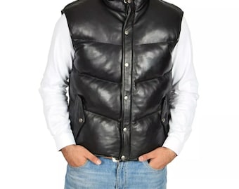 Men's Leather Gilet Vest  Genuine Lambskin Quilted Waistcoat  Puffer Style Sleeveless Jacket for Men