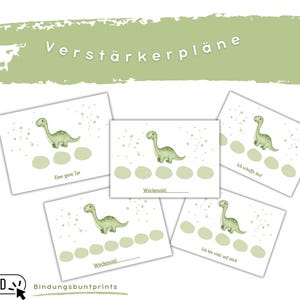Könnte beinhalten: Fünf weiße Karten mit einer grünen Dinosaurier-Illustration und Text. Die Karten haben einen hellgrünen Hintergrund mit einem grünen Pinselstrich oben. Der Text "Verstärkerpläne" steht oben. Die Karten haben auch den Text "Download" und "Bindungsbuntprints".