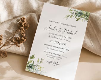 Greenery Wedding Invitation Canva Template Watercolor Eucalyptus, LA12-I1