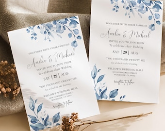 Wedding Invitation Canva Template Elegant Watercolor Dusty Blue Eucalyptus Floral Invite Blue Modern Editable Template for Wedding, B3-I1