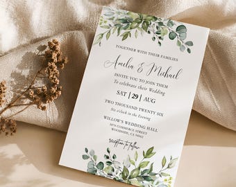 Greenery Wedding Invitation Canva Template, Watercolor Eucalyptus Wedding Invitation, Green Floral Design Invitation for Wedding, LA12-I2