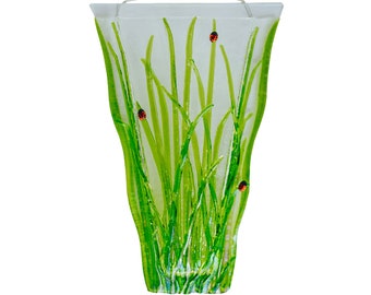 Spring Green Grass , Wall Vase, Fused Glass
