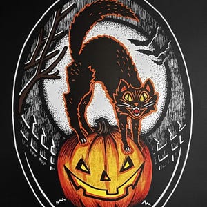 Vintage Halloween Scaredy Cat Art Print - Jack-o&#39;-Lantern Black Cat