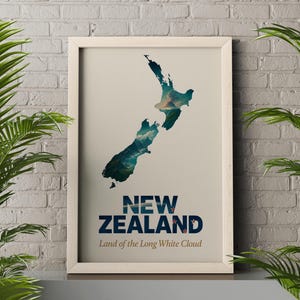 New Zealand Poster – Map Wall Art, Volcanoes & Mountain Landscape Illustration, Travel Fine Art Print
