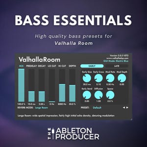 May include: A digital audio interface graphic with the text "BASS ESSENTIALS" and "High quality bass presets for Valhalla Room." The interface features various controls and settings, including "MIX," "PREDELAY," and "DECAY."