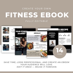 May include: A fitness ebook template with the text "Create Your Own Fitness Ebook Fully Editable." The ebook pages include workout routines, meal plans, and recipes. The ebook has 14 pages and the text "Save time, look professional, and create an ebook your audience will love. Edit it once - reuse it forever."