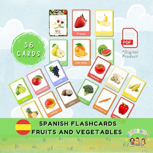 Spanish Fruits and Vegetables Flashcards, Printable Cards for Kids, Bilingual Education Learning, Montessori Preschool PDF
