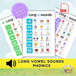 May include: Educational phonics posters for long vowel sounds. The posters feature words with long vowel sounds, such as "ai", "ay", "a_e", "eigh", "ey", and "ea". Includes a bonus poster and a PDF option.
