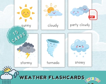 15 tarjetas didácticas imprimibles sobre el clima para niños en edad preescolar. Vocabulario para educación en casa y tarjetas de aprendizaje Montessori.