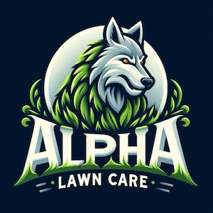 May include: A graphic logo featuring a stylised wolf head with white fur and orange eyes, surrounded by green leaf-like shapes. Below the wolf, the text ALPHA LAWN CARE is displayed in bold white letters against a dark blue background.