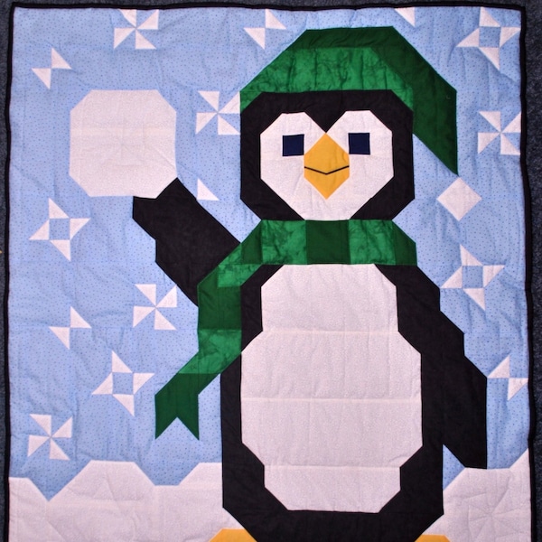 Penguin Baby Quilt Pattern in Multiple sizes, 36x42, 24 x28, 48x56, Color change for Boy or Girl, Instant Download -  PDF