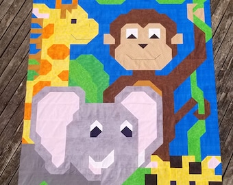 Jungle Pals Quilt Muster, Twin Size Bild 64x86 Zoll, Traditionelles Stück, Art Quilt, PDF format, Quilt of Jungle Animals