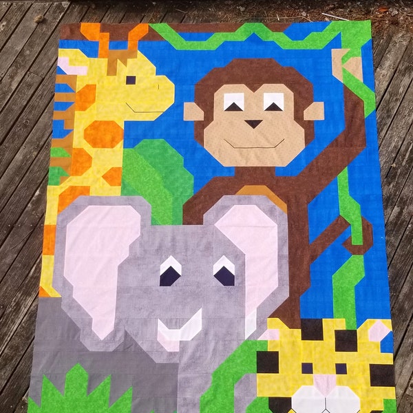 Jungle Pals Quilt Pattern, Twin Size image 64x86 inches, Traditional Pieced, Art Quilt, PDF format, Quilt of Jungle animals