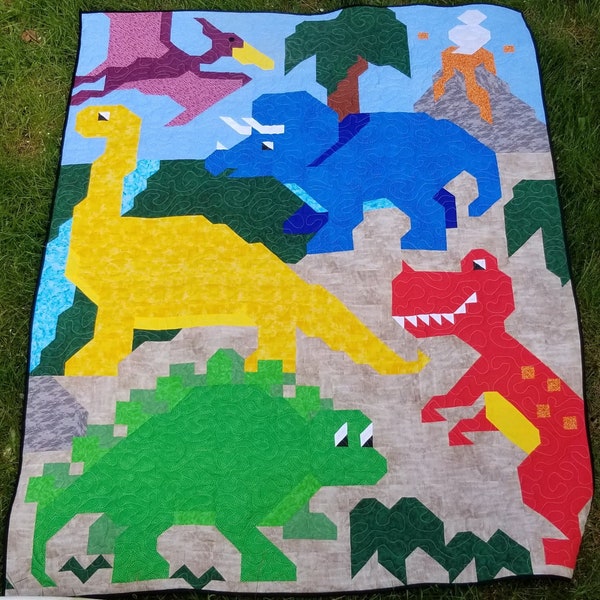Dinosaur Friends Twin Size Quilt Pattern, 5 Dinosaurs in 1 pieced image, 66x86 twin, PDF download, Dinosaur Quilt Pattern