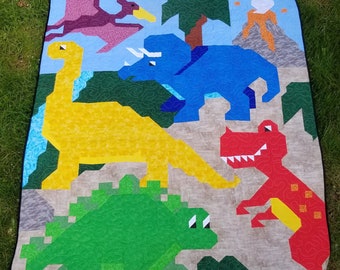 Dinosaur Friends Twin Size Quilt Pattern, 5 Dinosaurs in 1 pieced image, 66x86 twin, PDF download, Dinosaur Quilt Pattern