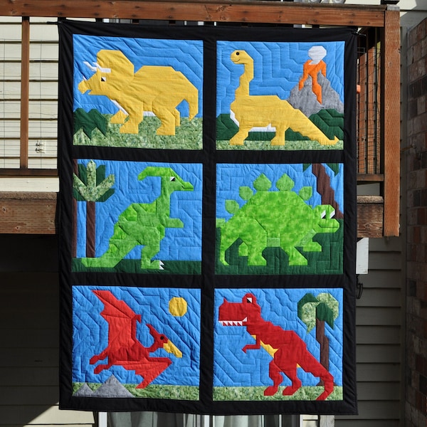 Dinosaurs Twin Size Quilt Pattern from 6 individual dinosaurs each 24x28, Instant Download PDF