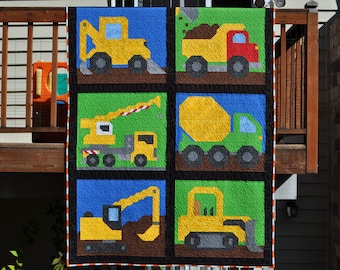 Construction Vehicles Twin Size Quilt Pattern 64x85, 6 Construction Trucks each 24x28, Construction Quilt Pattern, Traditional Piecing, PDF