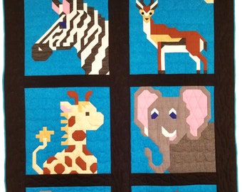 Safari Animals Quilt Pattern,  finished size 66x86 twin, made of 24x24 blocks: elephant, giraffe, lion, rhino, gazelle, zebra, Instant pdf