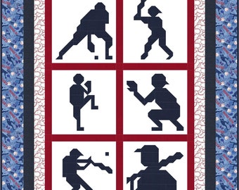 Twin size Baseball Quilt Pattern, 6 Baseball Silhouette Blocks each 18x18, bordered for twin size 66x86 sports quilt, PDF file