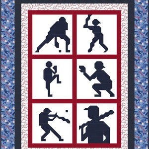 May include: A white quilt block with a red border features five different baseball player silhouettes in navy blue. The silhouettes depict players batting, pitching, catching, running, and fielding.