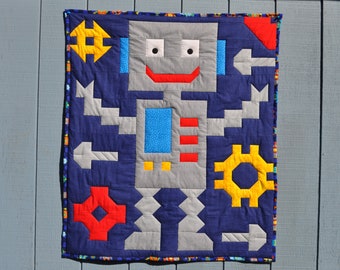 Robot Baby Quilt PATTERN, with multiple sizes: 36x42, 24x38 and 48x65, Instant Download PDF, Boy Quilt Pattern