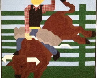 Bucking Bull Twin size Quilt Pattern, 64x86 image covers twin bed, full or queen with borders, great Rodeo or Cowboy quilt pattern, PDF