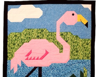 Pink Flamingo Quilt Pattern with Multiple sizes: 36x42 for baby quilt, 24x28 for Wall, and 48x56 for Lap, Instant Download - PDF