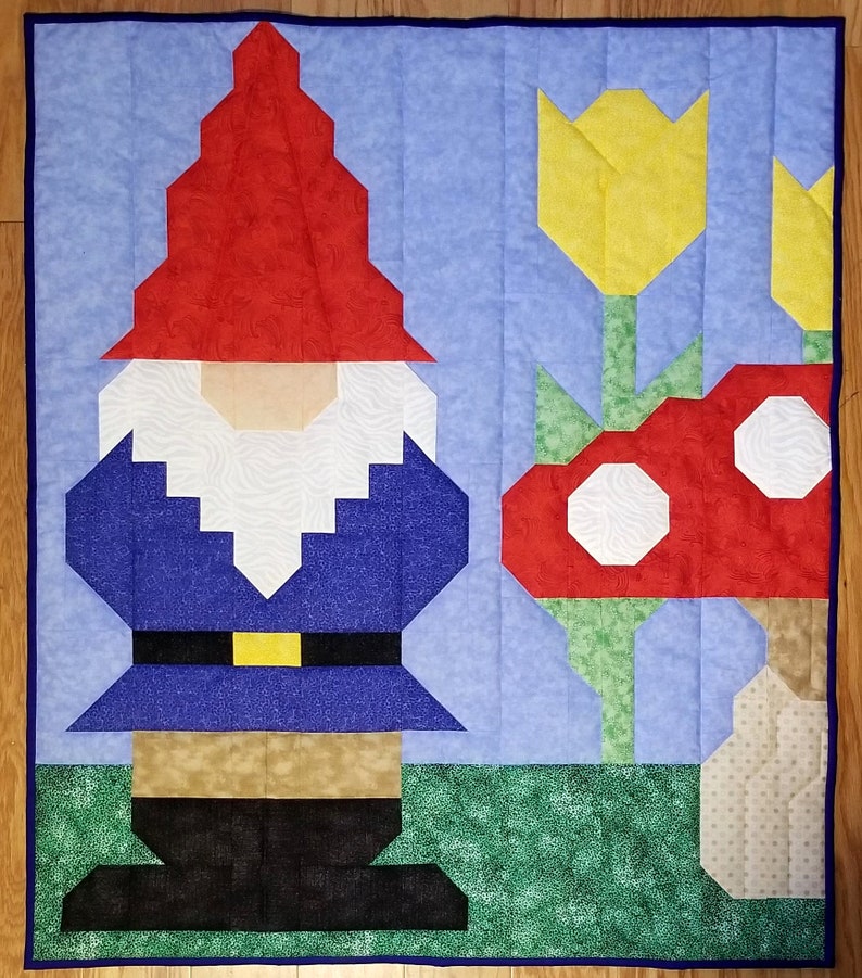 Gnome Quilt Pattern, Multiples sizes baby quilt 36x42 and lap quilt 48x56, Pieced quilt pattern great for Beginners, 6 page color PDF image 2