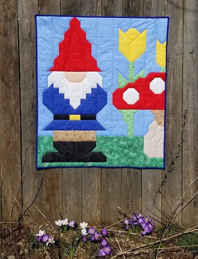 Gnome Quilt Pattern, Multiples sizes baby quilt 36x42 and lap quilt 48x56, Pieced quilt pattern great for Beginners, 6 page color PDF image 1