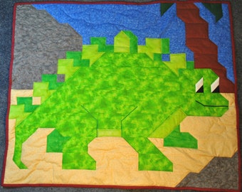 Dinosaur Quilt Pattern, Stegosaurus, in Multiple Sizes 36x42 crib, 24x28 wall, 48x56 lap / twin - PDF, Baby Dinosaur Quilt Pattern